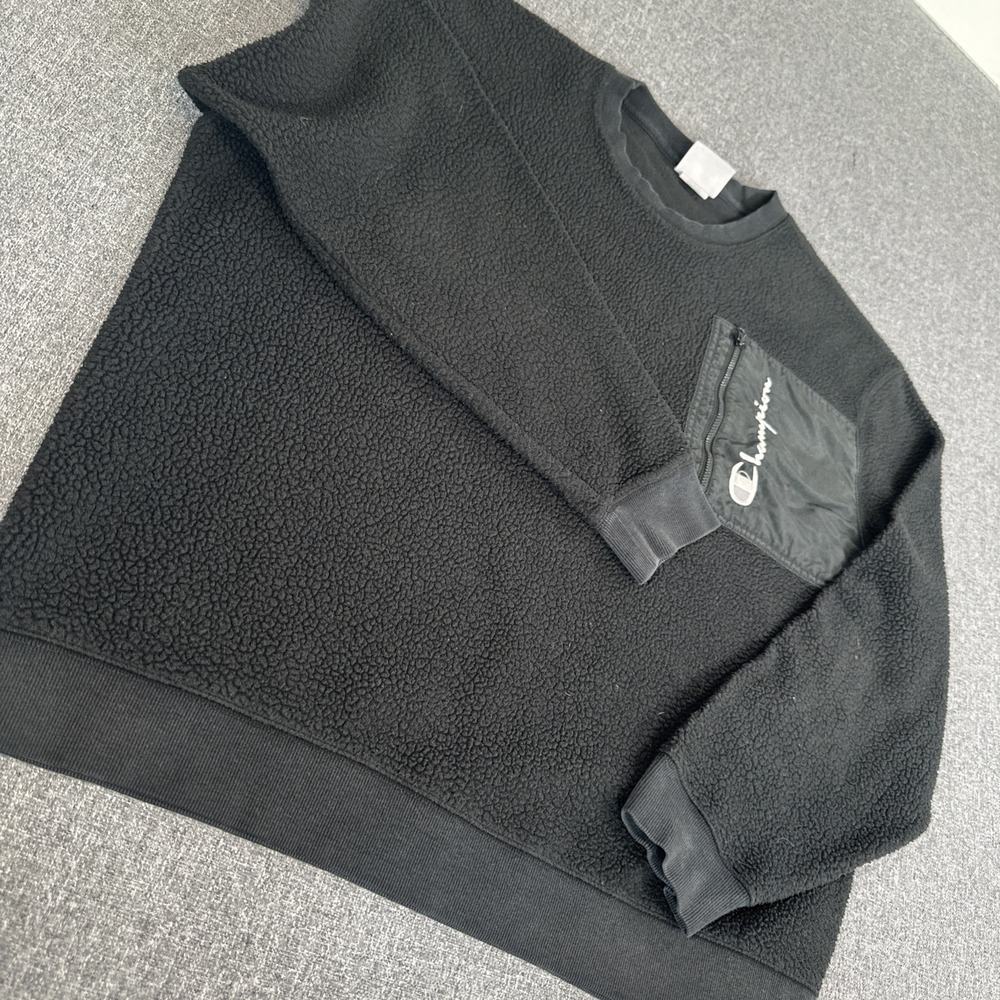 Champion XL Black Sherpa Fleece Crewneck Zip Pocket Sweatshirt Black